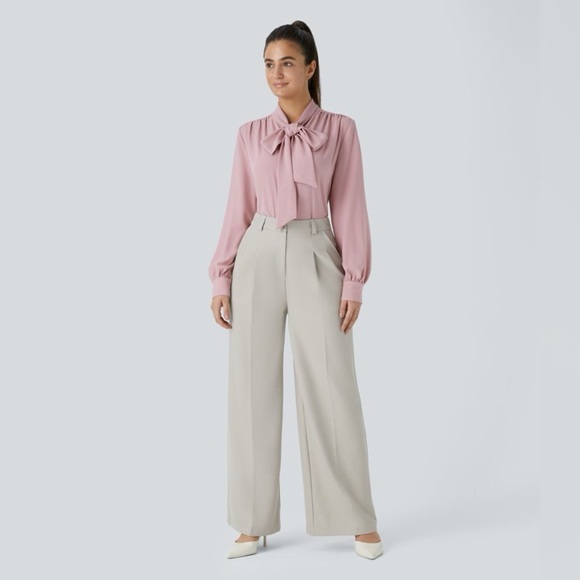 Halara Tie Neck Long Sleeve Button Work Blouse Bleached Mauve Size S NWT - Picture 6 of 6